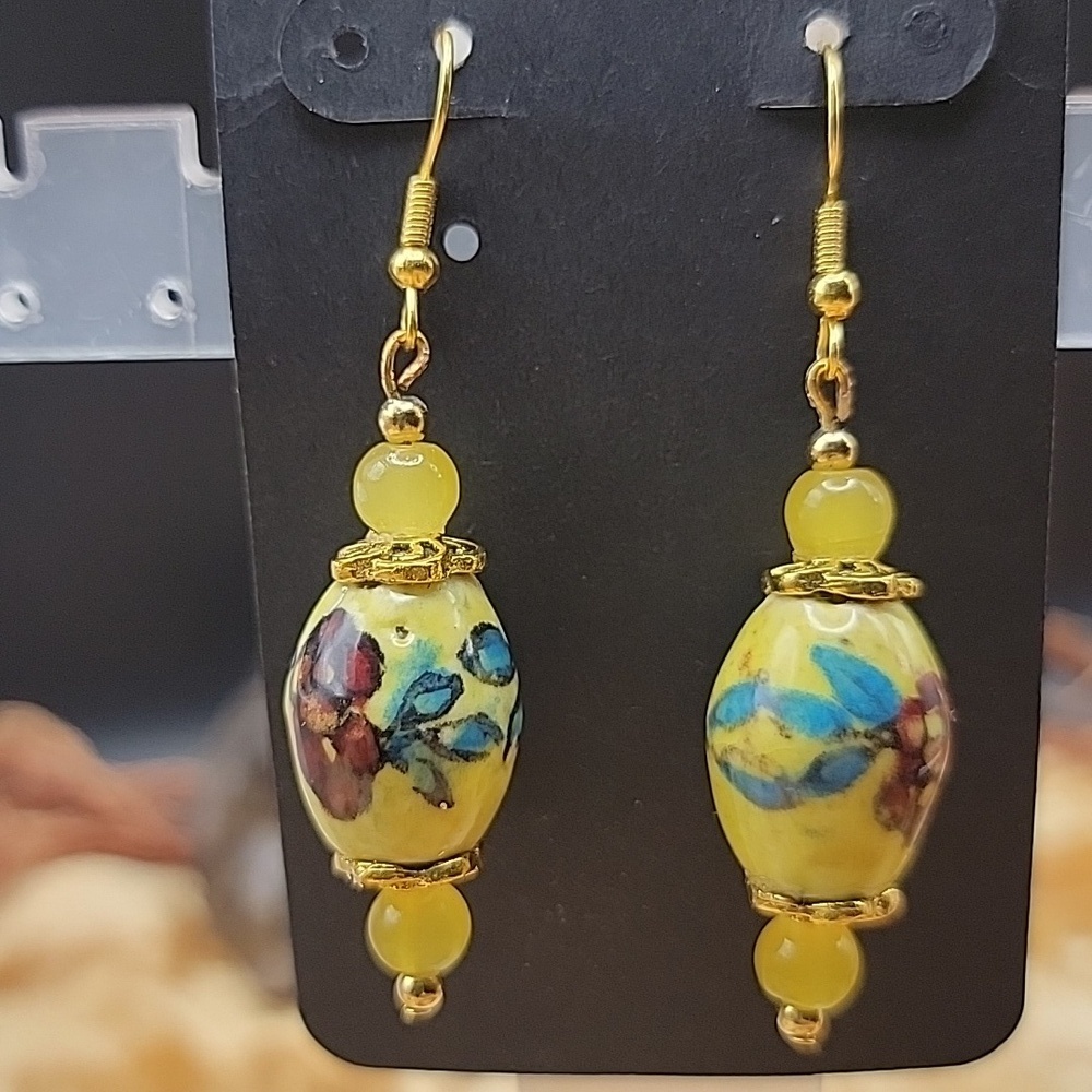 New Artisian Yellow Burgandy Blue Glass Beaded Gold Tone Sheperd Hook Earrings
